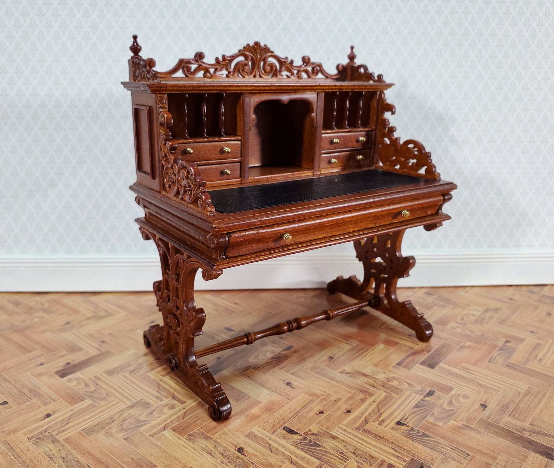 JBM Dollhouse Desk Italian Renaissance Style Furniture 1:12 Scale Miniature Walnut Finish