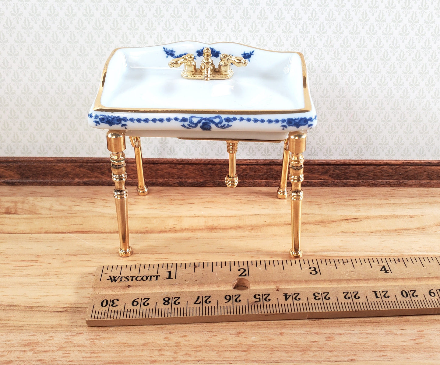 Dollhouse Sink Bathroom Small White and Blue Reutter Porcelain Miniature