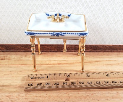 Dollhouse Sink Bathroom Small White and Blue Reutter Porcelain Miniature