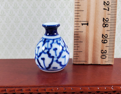 Dollhouse Large Pot Belly Vase Blue & White Patterned Ceramic 1:12 Scale Miniature 1"