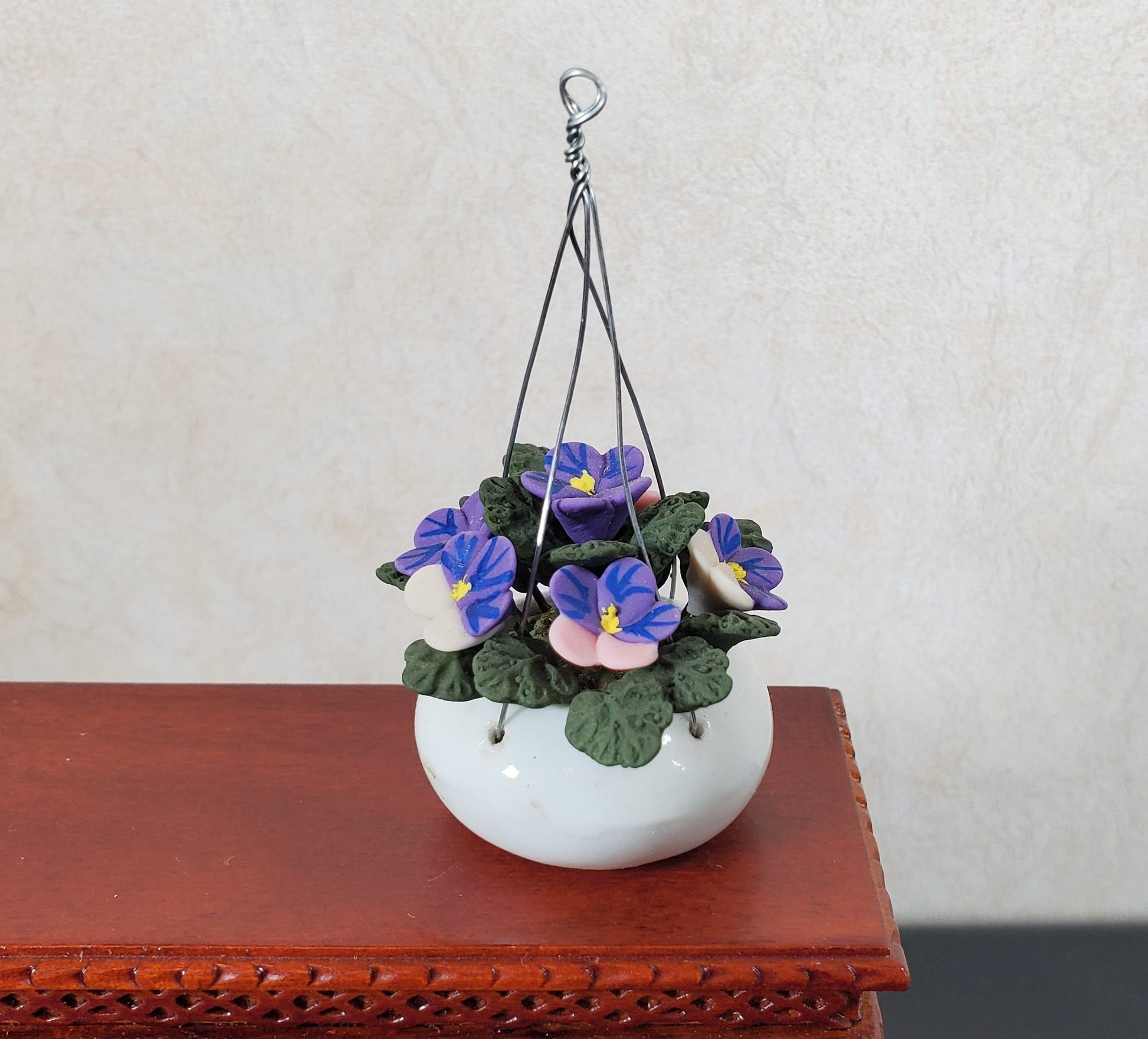 Dollhouse Purple Pansies in a Hanging White Planter 1:12 Scale Miniature Garden