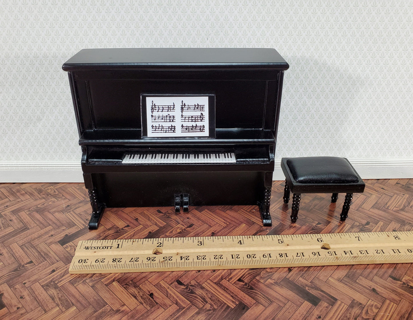 Miniature Upright Piano with Bench Seat Wood 1:12 Scale Dollhouse Black Finish