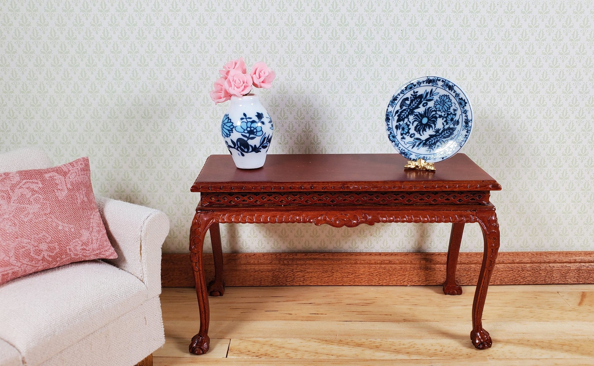 Dollhouse Ceramic Platter Large Plate Blue & White 1:12 Scale Miniature 1 1/4"