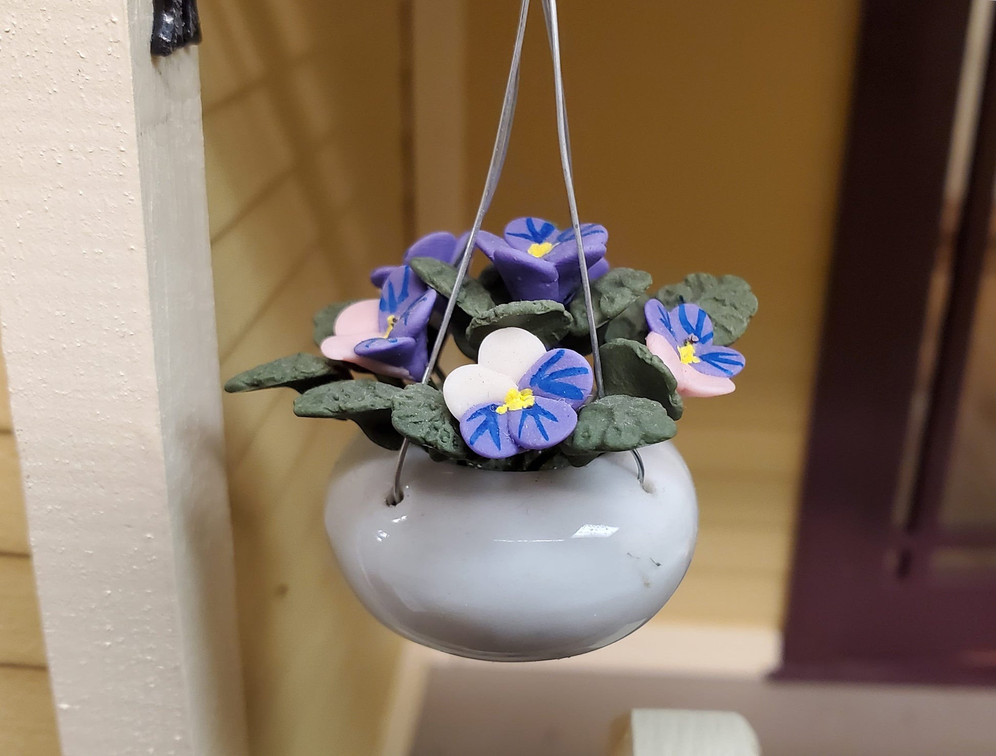 Dollhouse Purple Pansies in a Hanging White Planter 1:12 Scale Miniature Garden