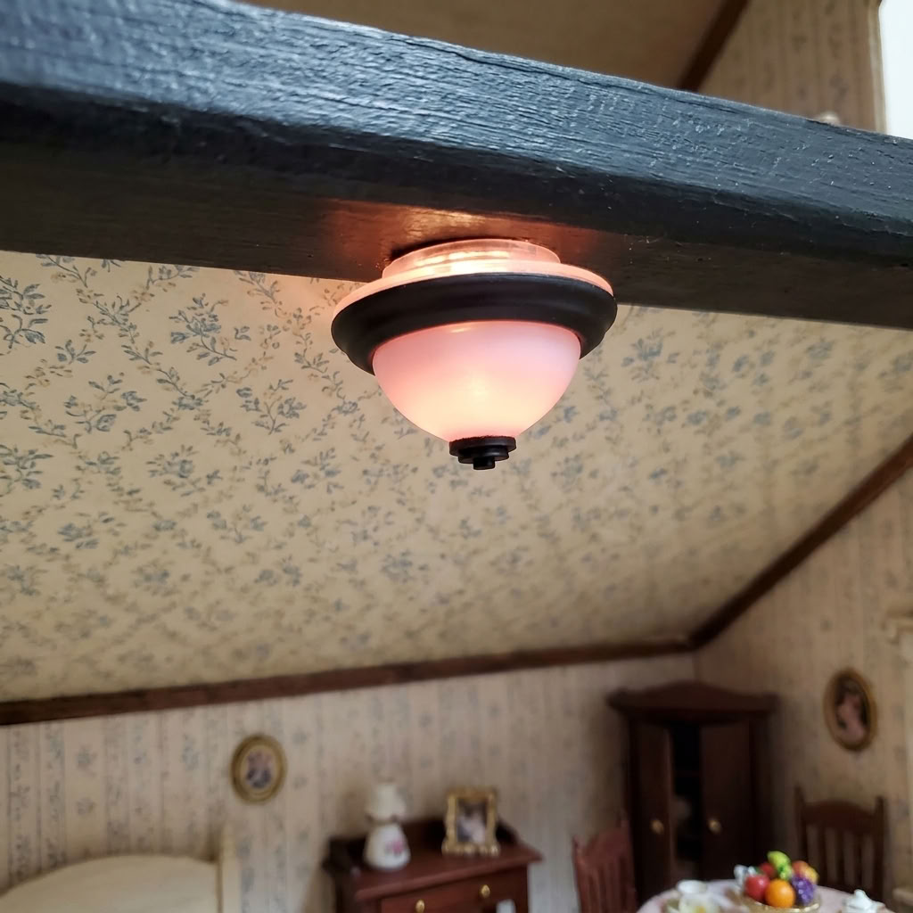 Dollhouse Round Ceiling Light Black 12 Volt Electric with Plug 1:12 Scale
