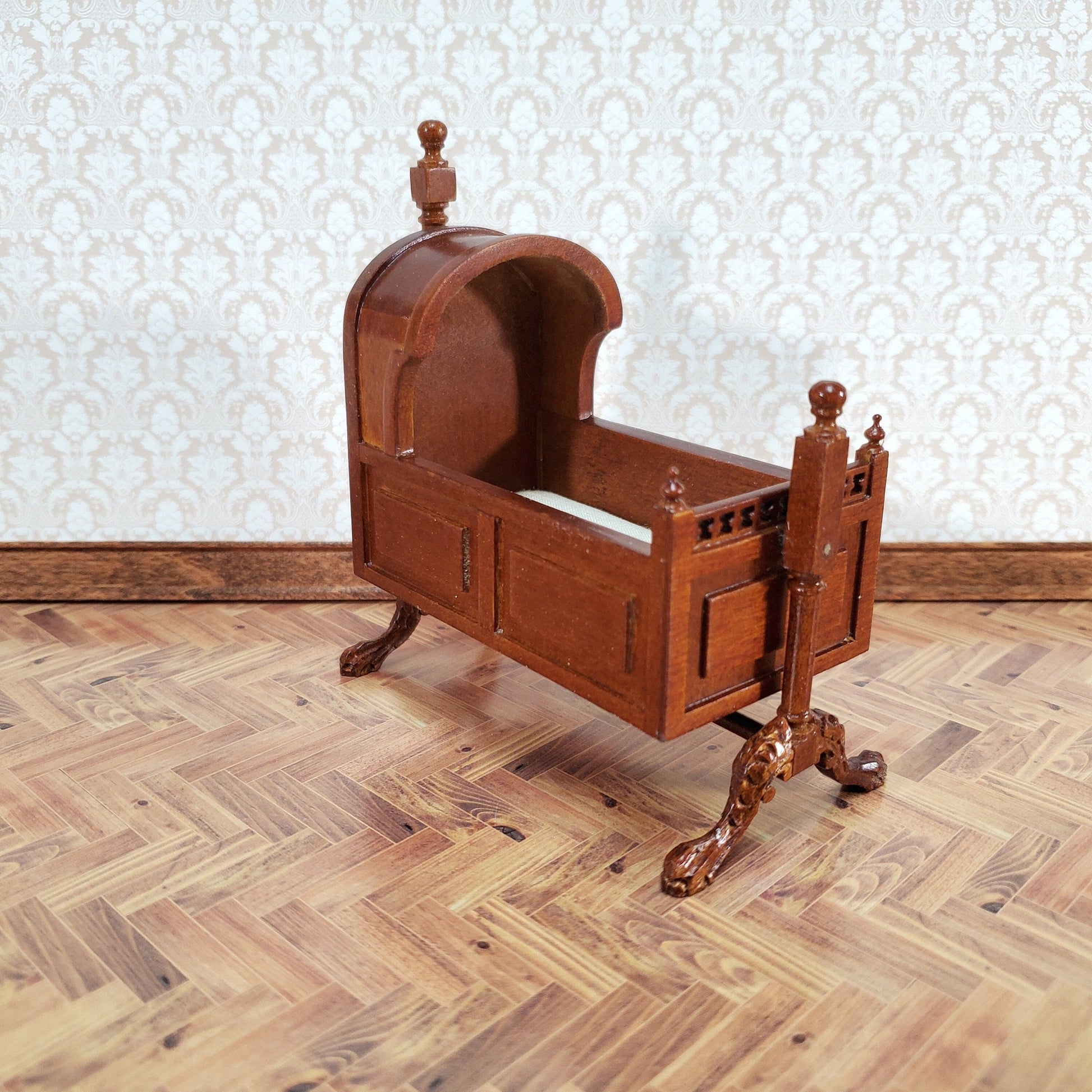 JBM Miniature Hooded Cradle Rocking 15th Century Style 1:12 Scale Furniture Walnut Finish