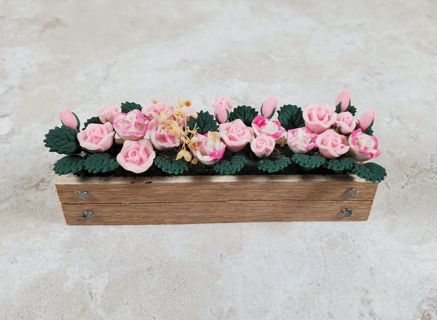 Dollhouse Pink Roses in a 3.25" Window Box Planter 1:12 Scale Miniature