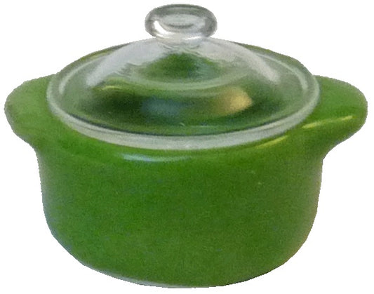 Dollhouse Small Stock Soup or Bean Pot with Lid Green Ceramic 1:12 Scale