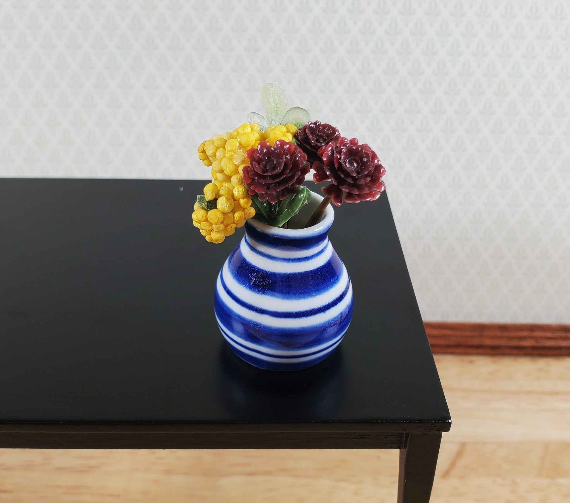 Dollhouse Vase Blue & White Striped Large for Flowers Ceramic 1:12 Scale