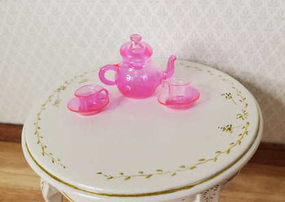 Dollhouse Bright Pink Glass Tea Set Teapot Teacups and Saucers 1:12 Scale