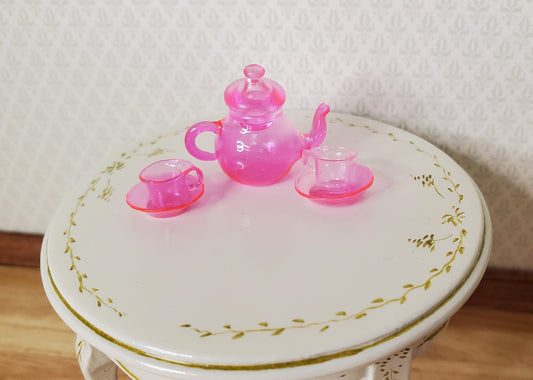 Dollhouse Bright Pink Glass Tea Set Teapot Teacups and Saucers 1:12 Scale