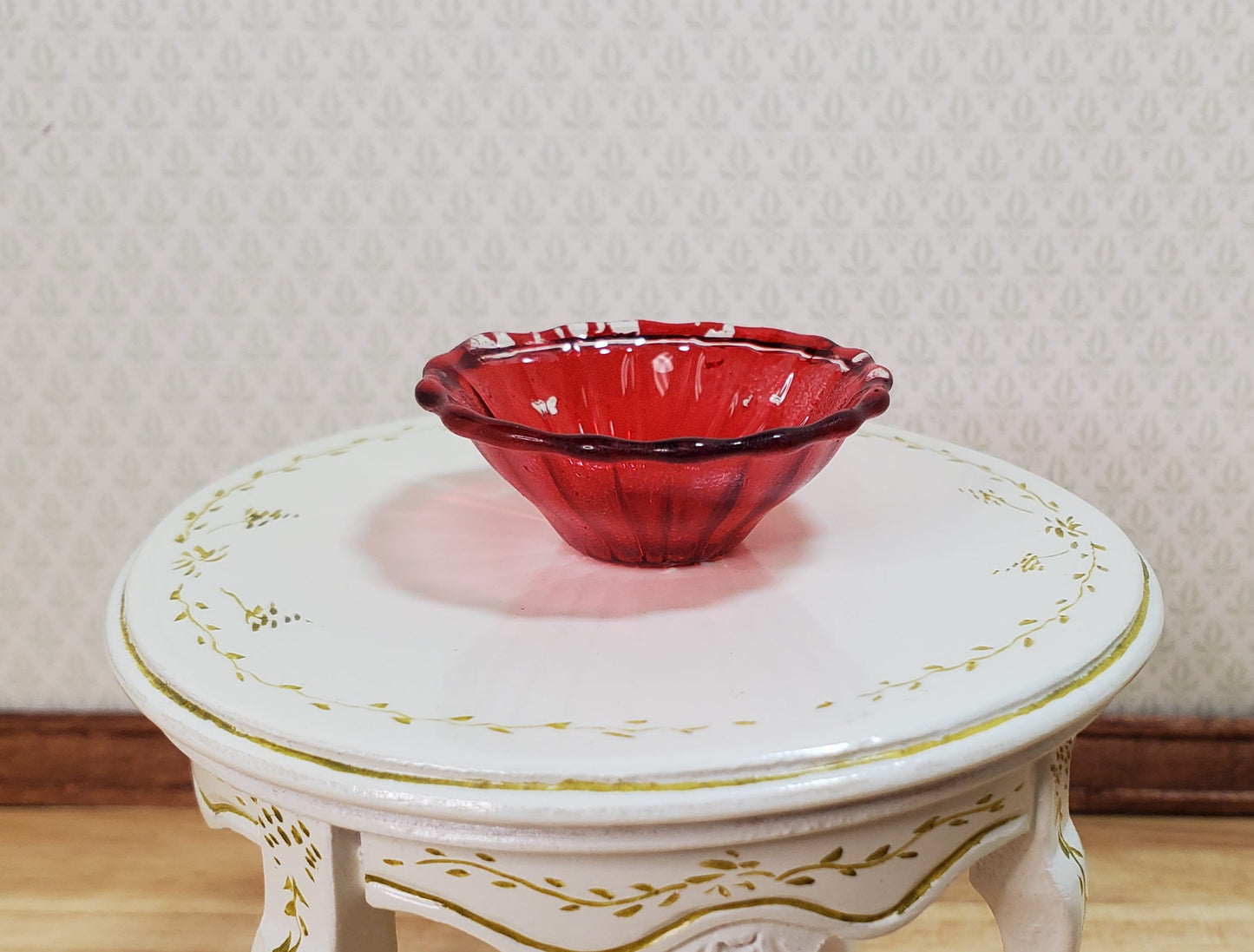 Dollhouse Large Red Glass Flared Bowl 1:12 Scale Miniature Color Flaw