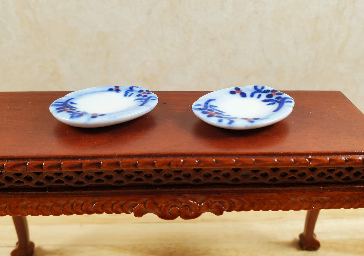 Dollhouse 2 Small White & Blue Ceramic Platters 1:12 Scale Miniature Dish
