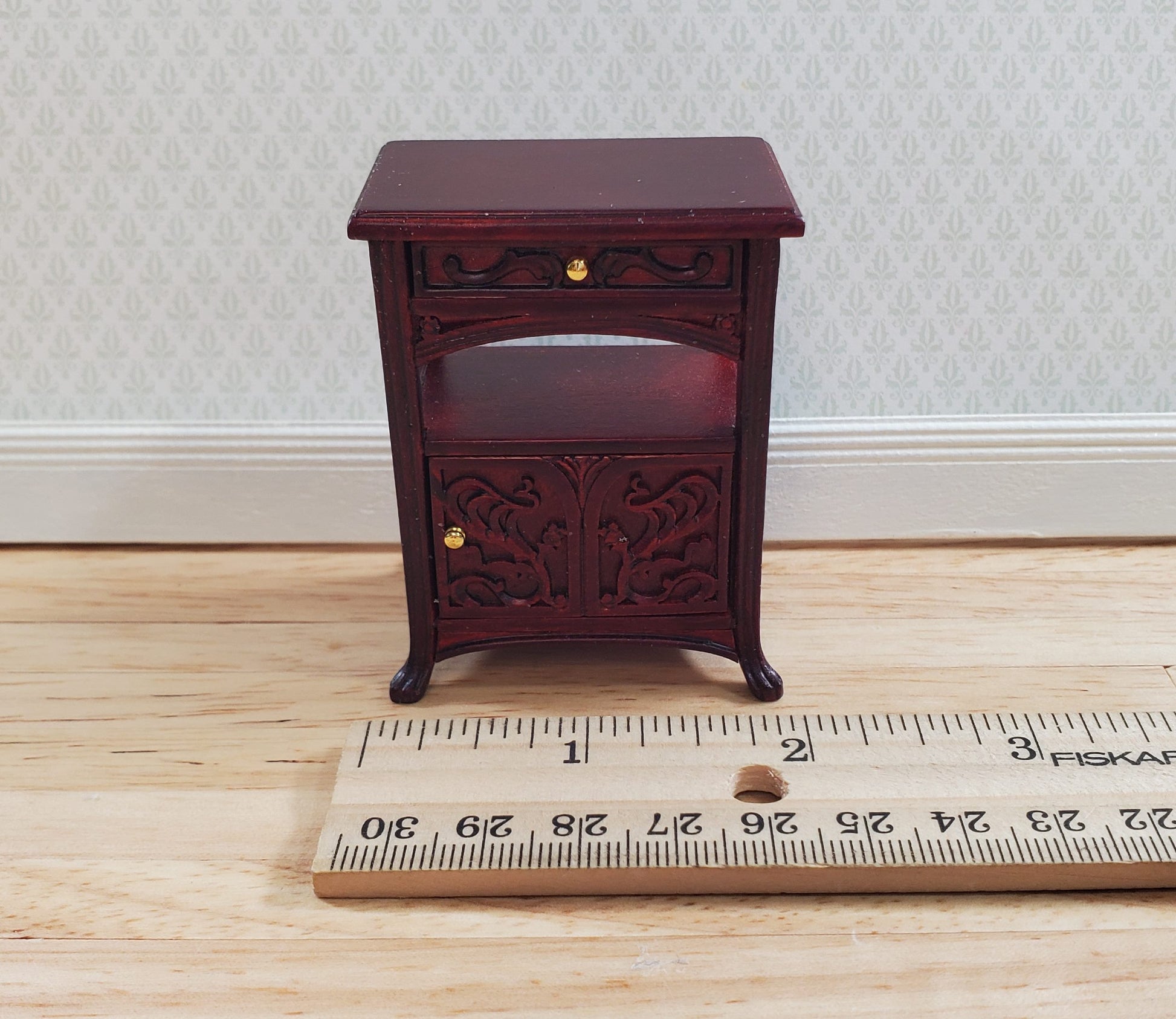 JBM Dollhouse Art Nouveau Side Table Nightstand 1:12 Scale Mahogany Finish