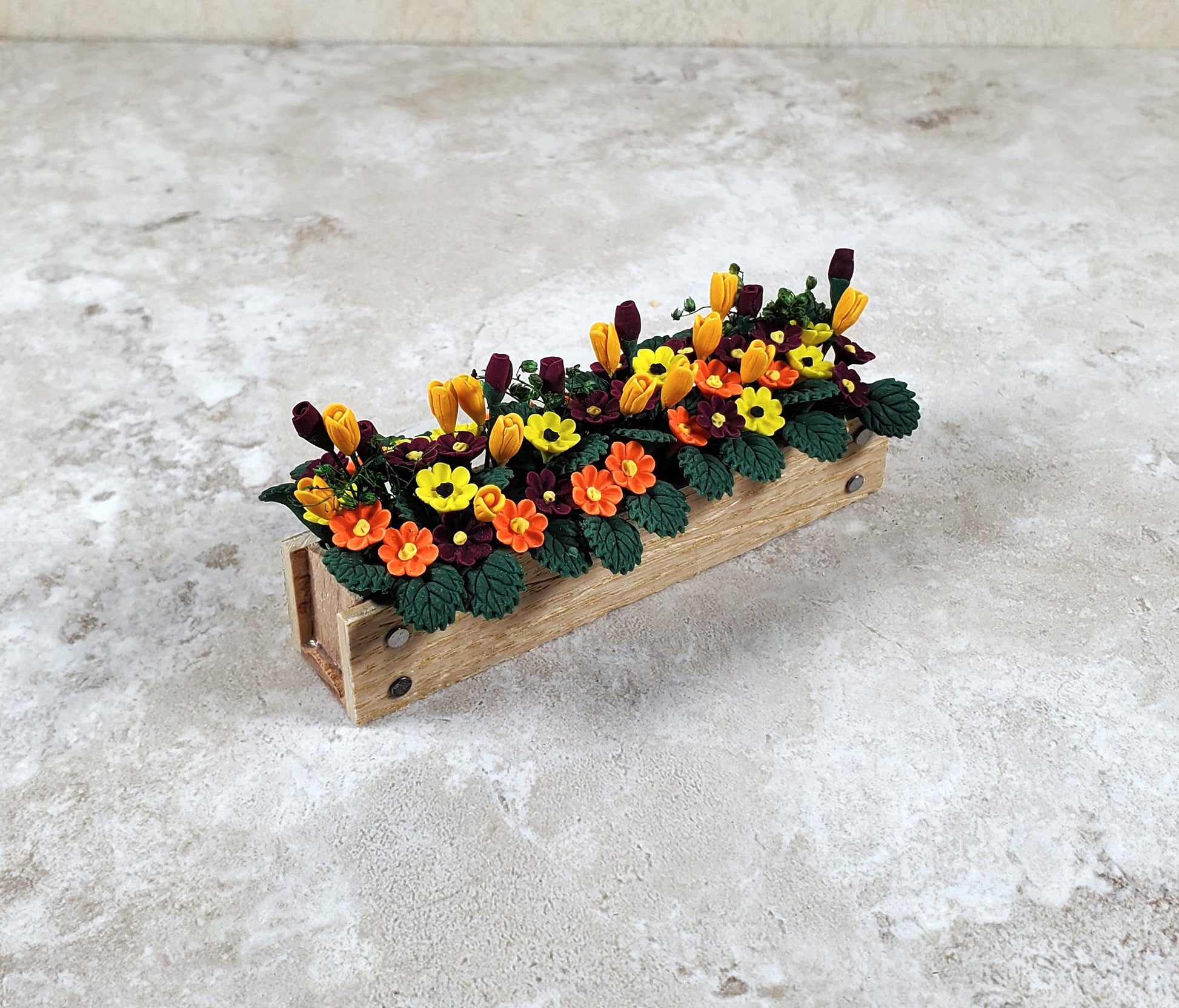 Dollhouse Fall Flowers in 3.25" Wooden Window Box Planter 1:12 Scale Miniature