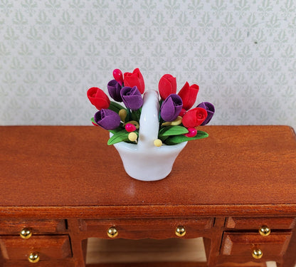 Dollhouse Red & Purple Tulips in a Ceramic Basket 1:12 Scale Miniature
