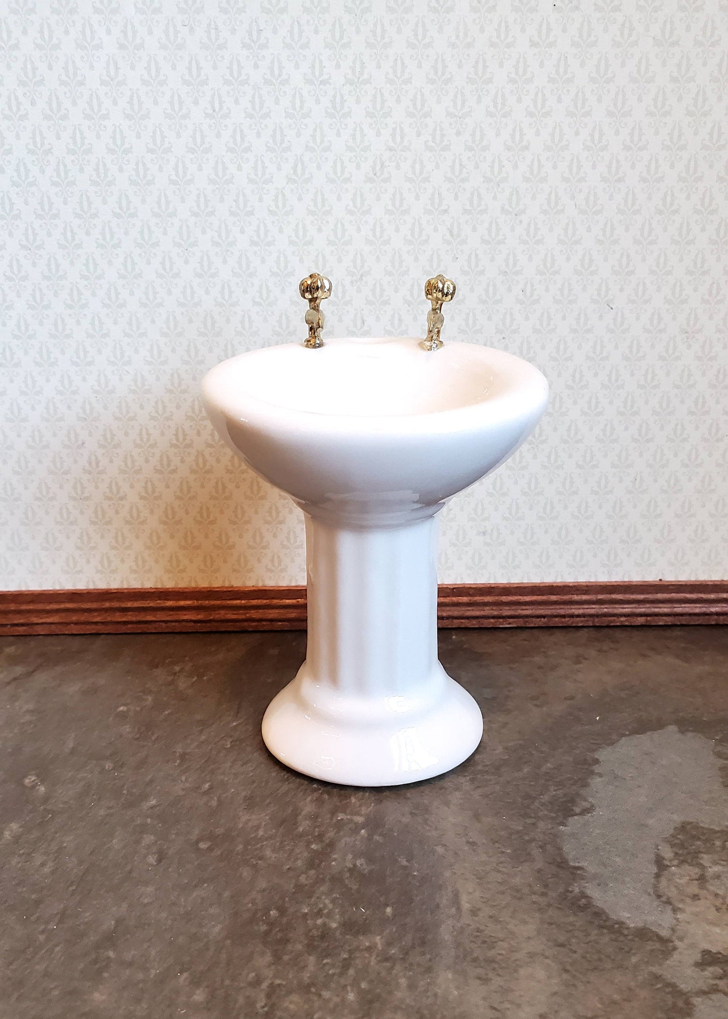 Dollhouse Miniature Pedestal Sink Bathroom White Ceramic Gold Handles 1:12 Scale