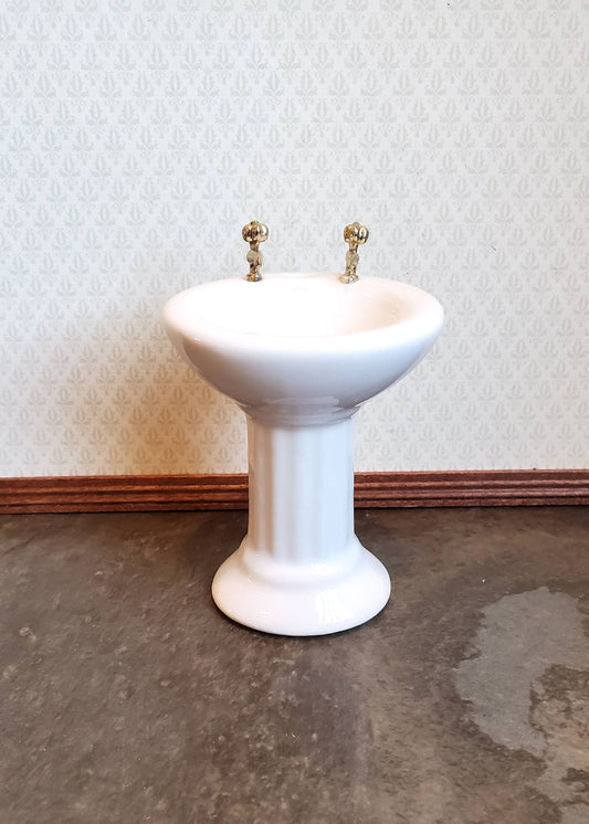 Dollhouse Miniature Pedestal Sink Bathroom White Ceramic Gold Handles 1:12 Scale