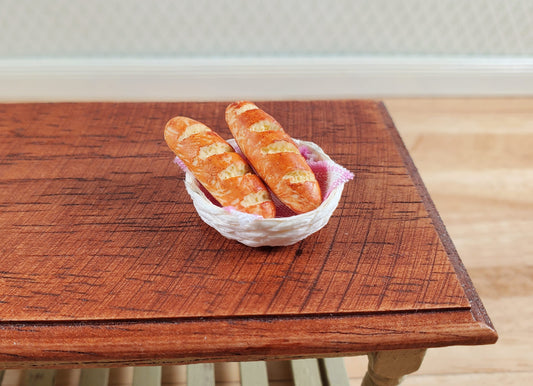 Dollhouse 2 Loaves of Bread in a White Basket with Pink Gingham 1:12 Scale