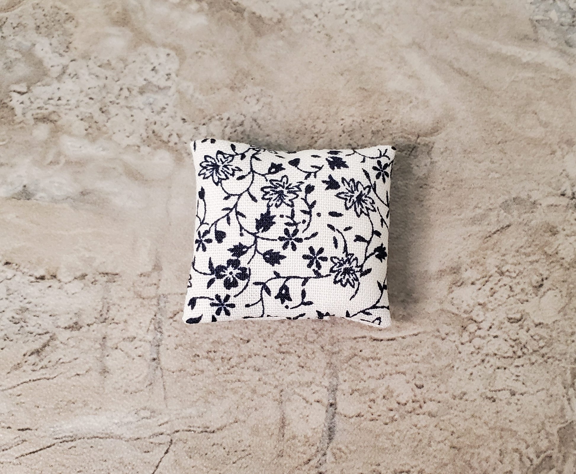 Dollhouse Miniature Pillow Navy Blue Vines Flowers Handmade 1:12 Scale 1 1/2"