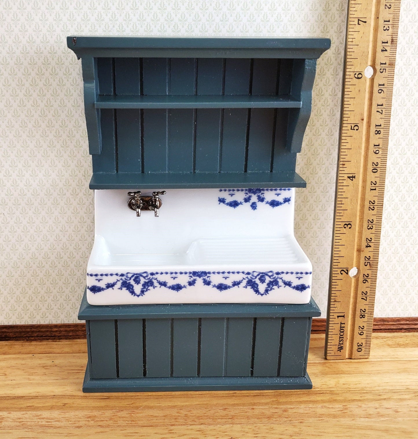 Dollhouse Reutter Sink Cabinet Blue & White 1:12 Scale Miniature Kitchen
