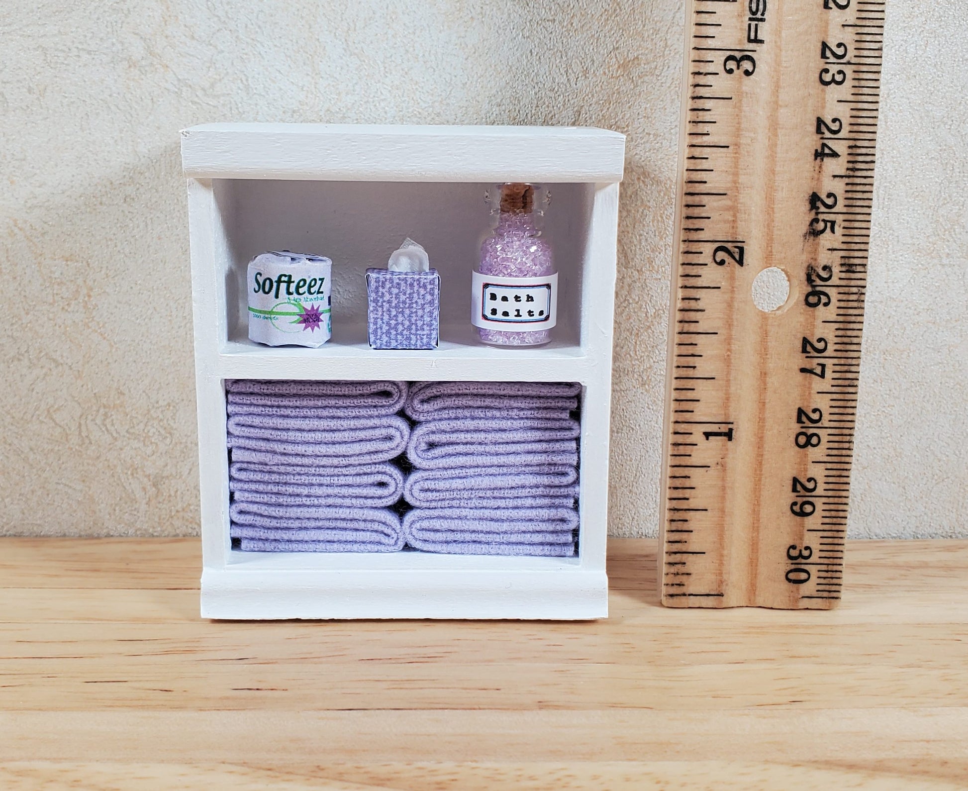 Dollhouse Bathroom Shelf with Purple Towels & Accessories 1:12 Scale Handmade