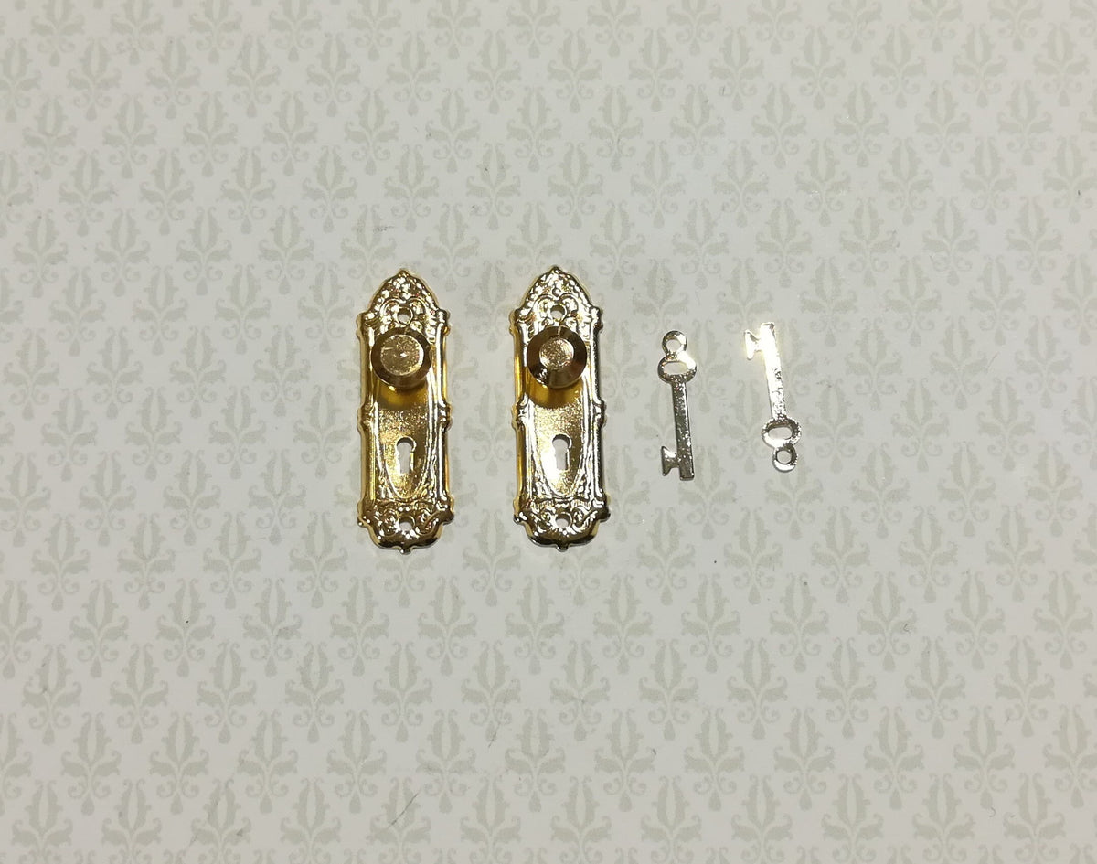 Dollhouse Doorknobs Fancy Gold 1 Set 1:12 Scale Miniature Gold Plated Brass