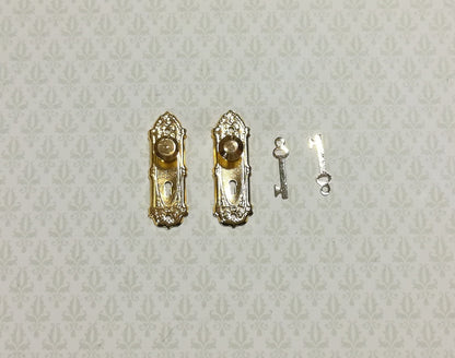 Dollhouse Doorknobs Fancy Gold 1 Set 1:12 Scale Miniature Gold Plated Brass