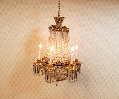 Dollhouse Fancy 6 Arm Grand Chandelier Real Glass Crystals 12 Volt 1:12 Scale