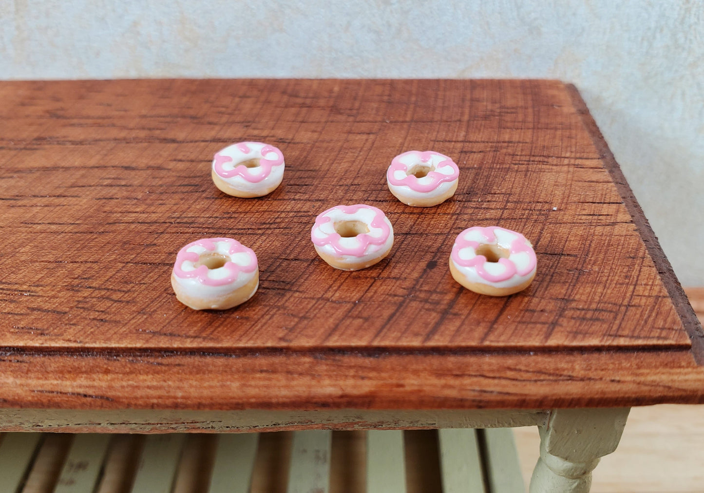 Dollhouse Donuts x5 White & Pink Frosting 1:12 Scale Miniature Dessert Bakery