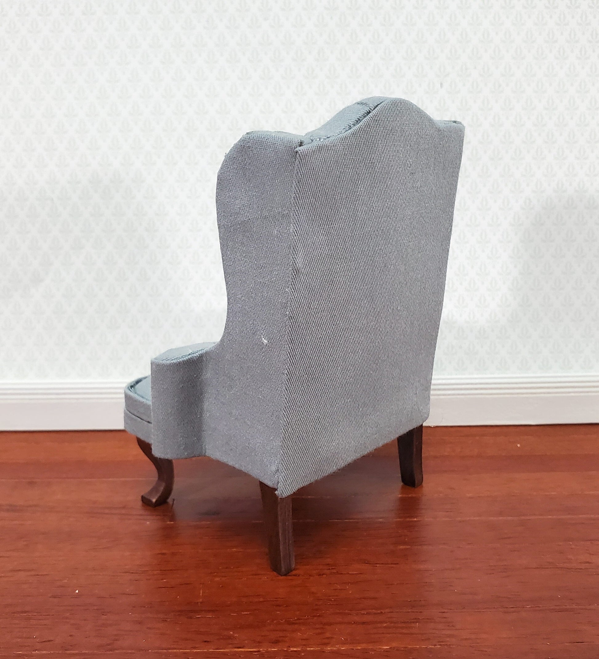 Dollhouse Arm Chair Wing Back Gray Fabric 1:12 Scale Miniature Furniture