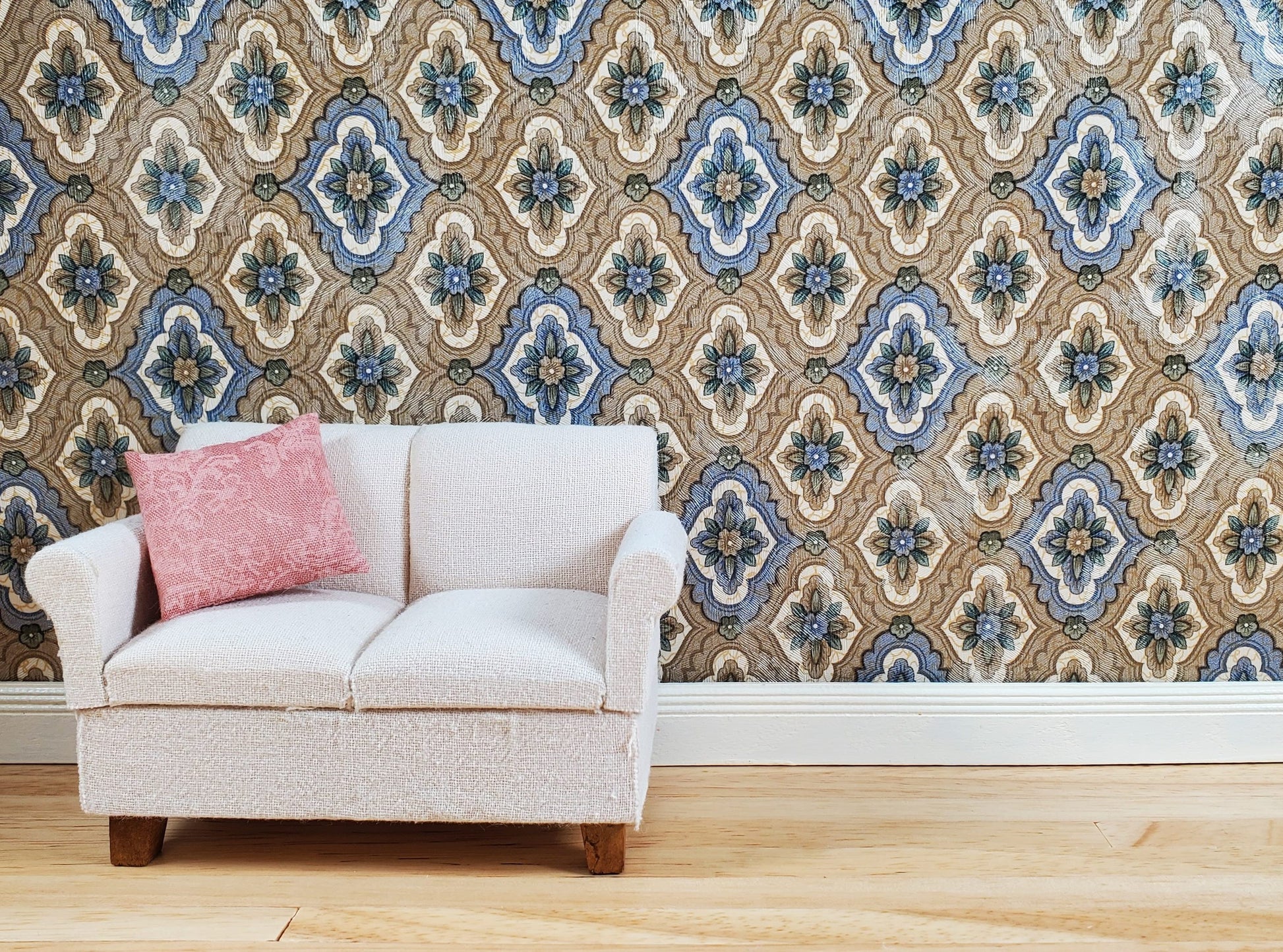 Dollhouse Wallpaper Floral Medallion Beige 3 Sheets 1:12 Scale Miniature