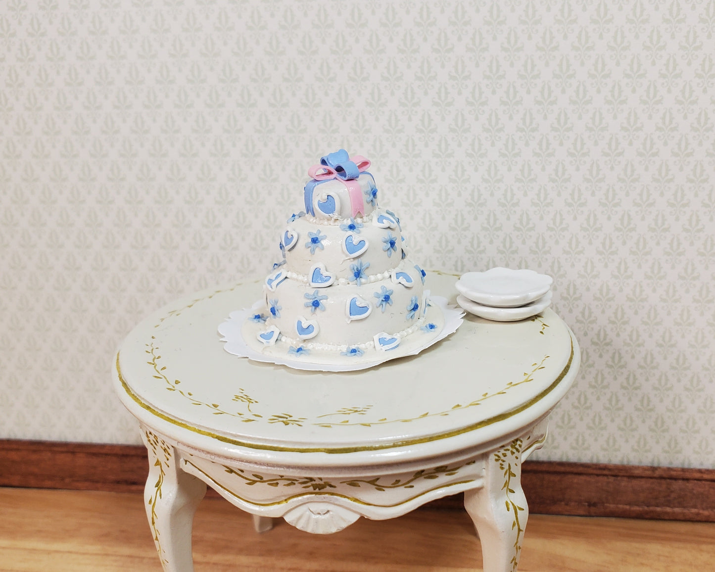 Dollhouse 3 Tier Blue Heart Wedding Cake 1:12 Scale Miniature Dessert Food