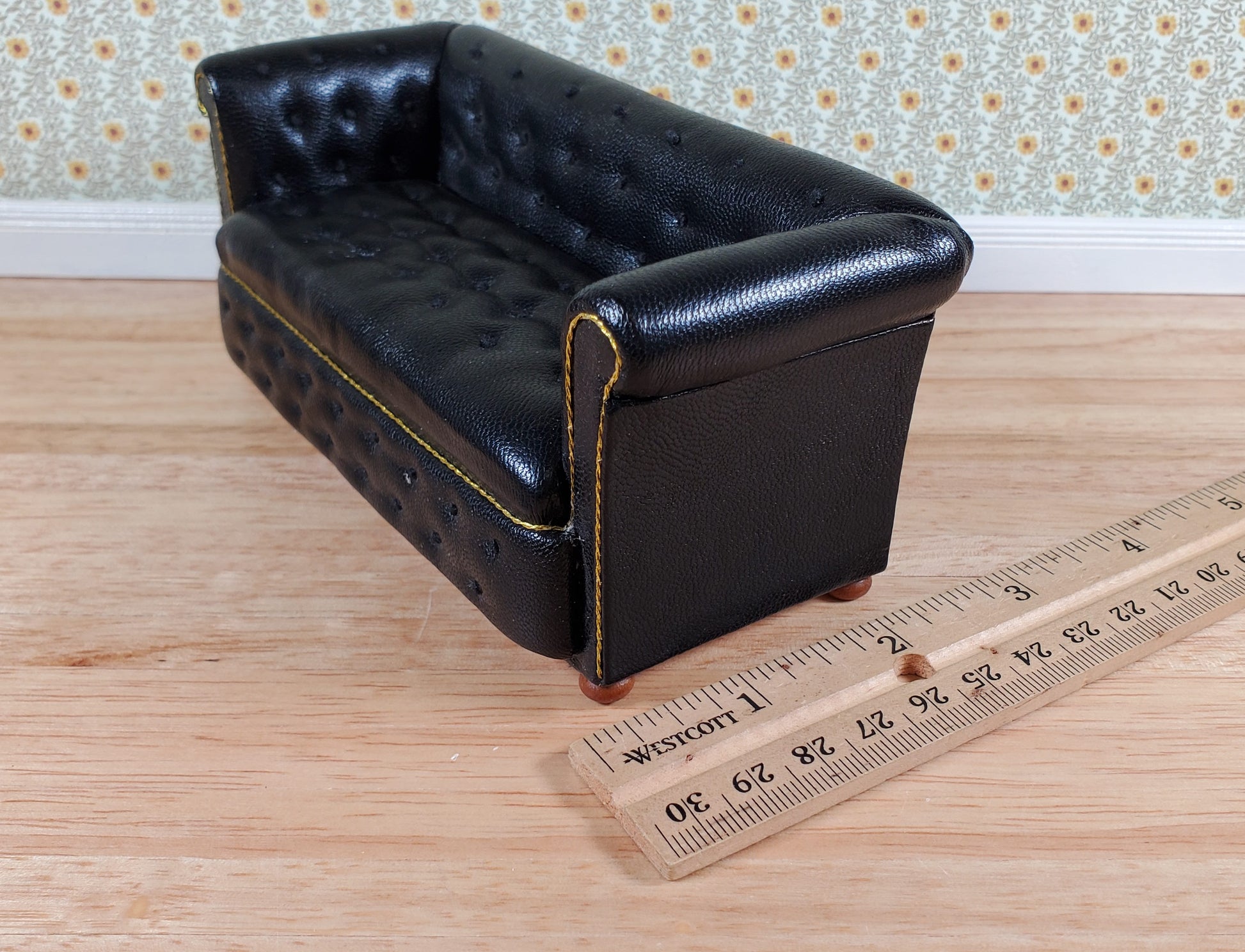 JBM Dollhouse Chesterfield Sofa Black Tufted Faux Leather 1:12 Scale Furniture