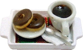 Dollhouse Chocolate Donuts & Coffee on a White Ceramic Tray 1:12 Scale Miniature