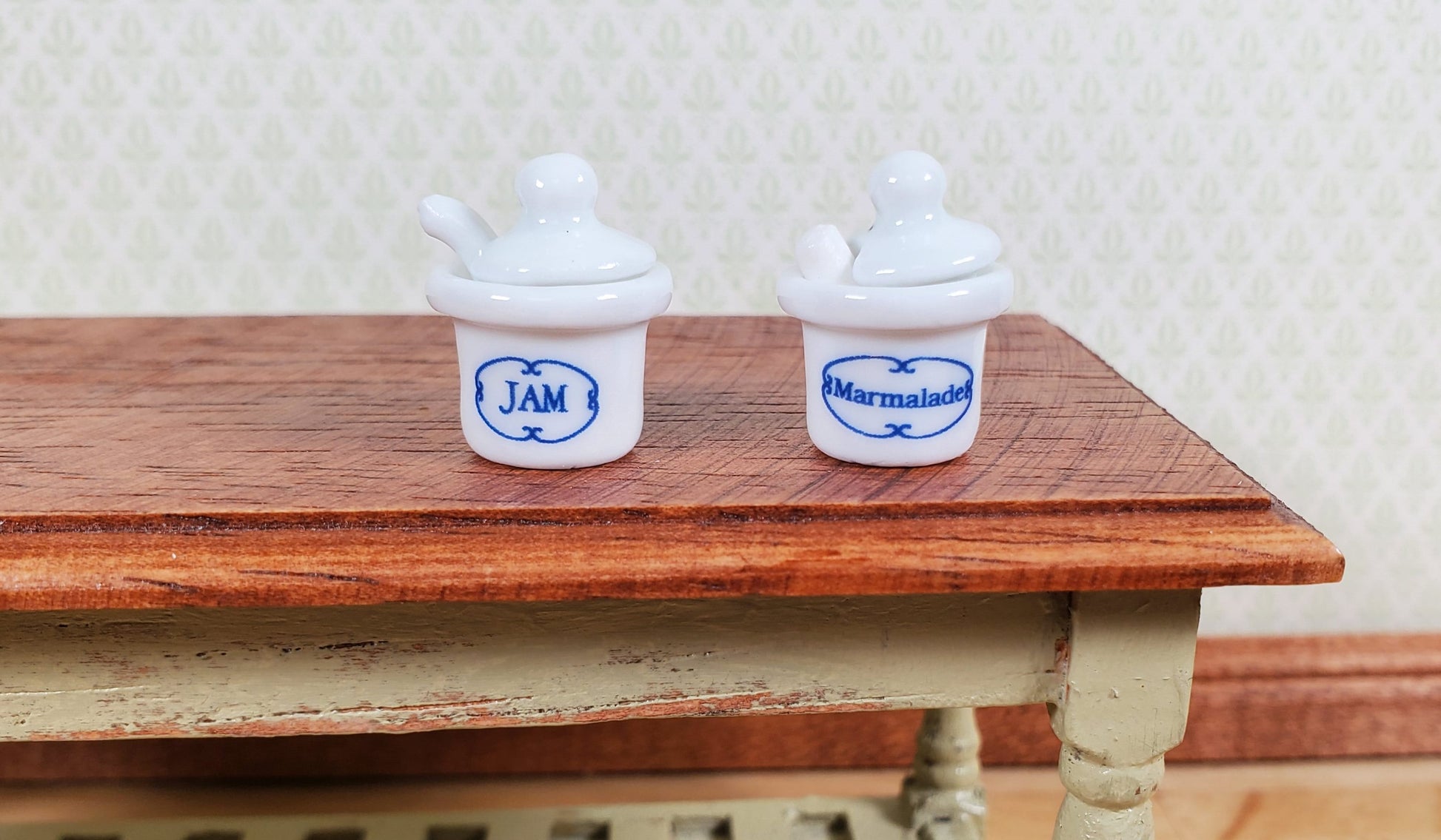 Dollhouse Jars of Jam & Marmalade Ceramic Removable Lids Scoops 1:12 Scale