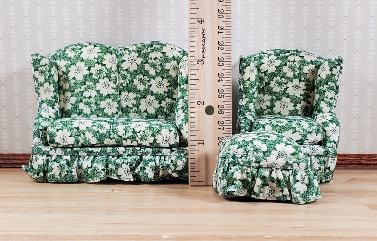Dollhouse Small Sofa Chair Ottoman Green Floral 1:12 Scale Miniature Furniture