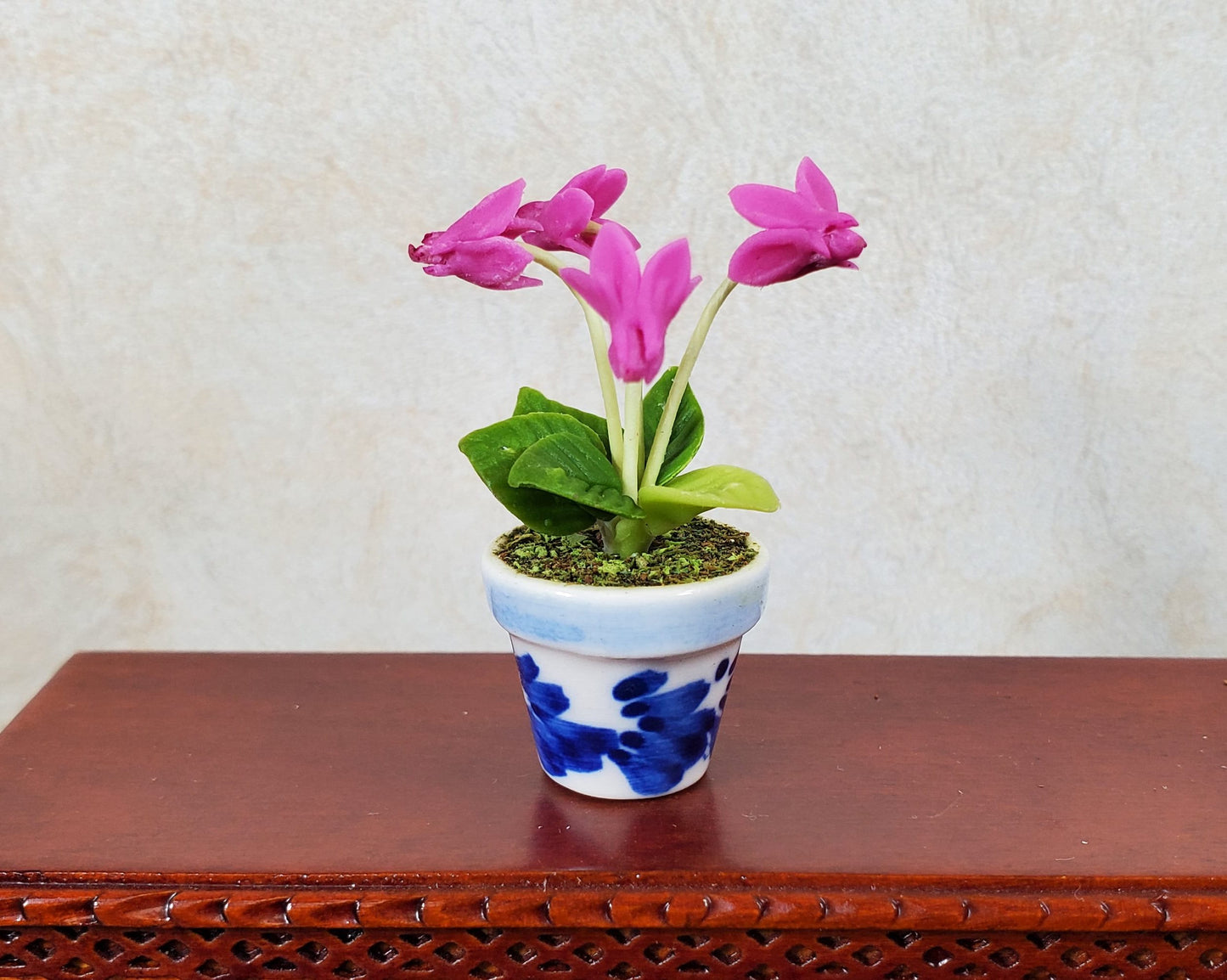 Dollhouse Potted Fuchsia Flowers 1:12 Scale Miniature Blue White Ceramic Pot