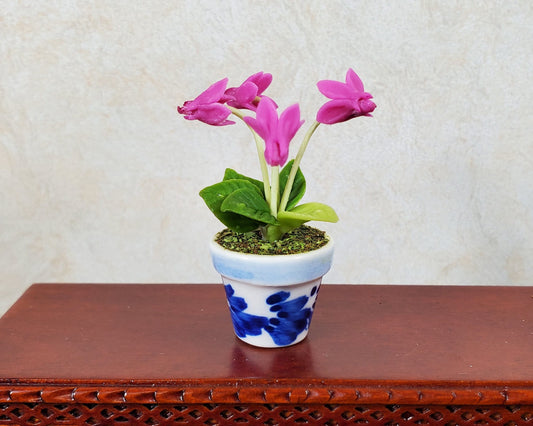 Dollhouse Potted Fuchsia Flowers 1:12 Scale Miniature Blue White Ceramic Pot