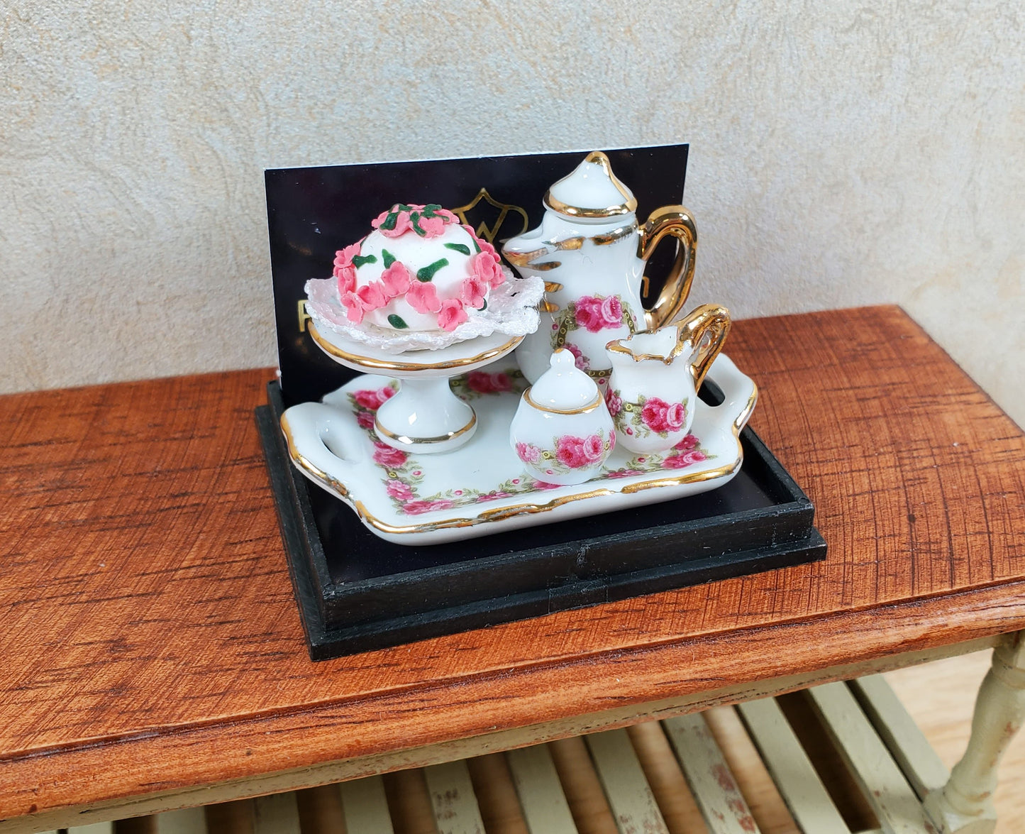 Dollhouse Coffee Tray with Rose Cake Reutter Porcelain 1:12 Scale Miniature