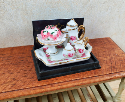 Dollhouse Coffee Tray with Rose Cake Reutter Porcelain 1:12 Scale Miniature