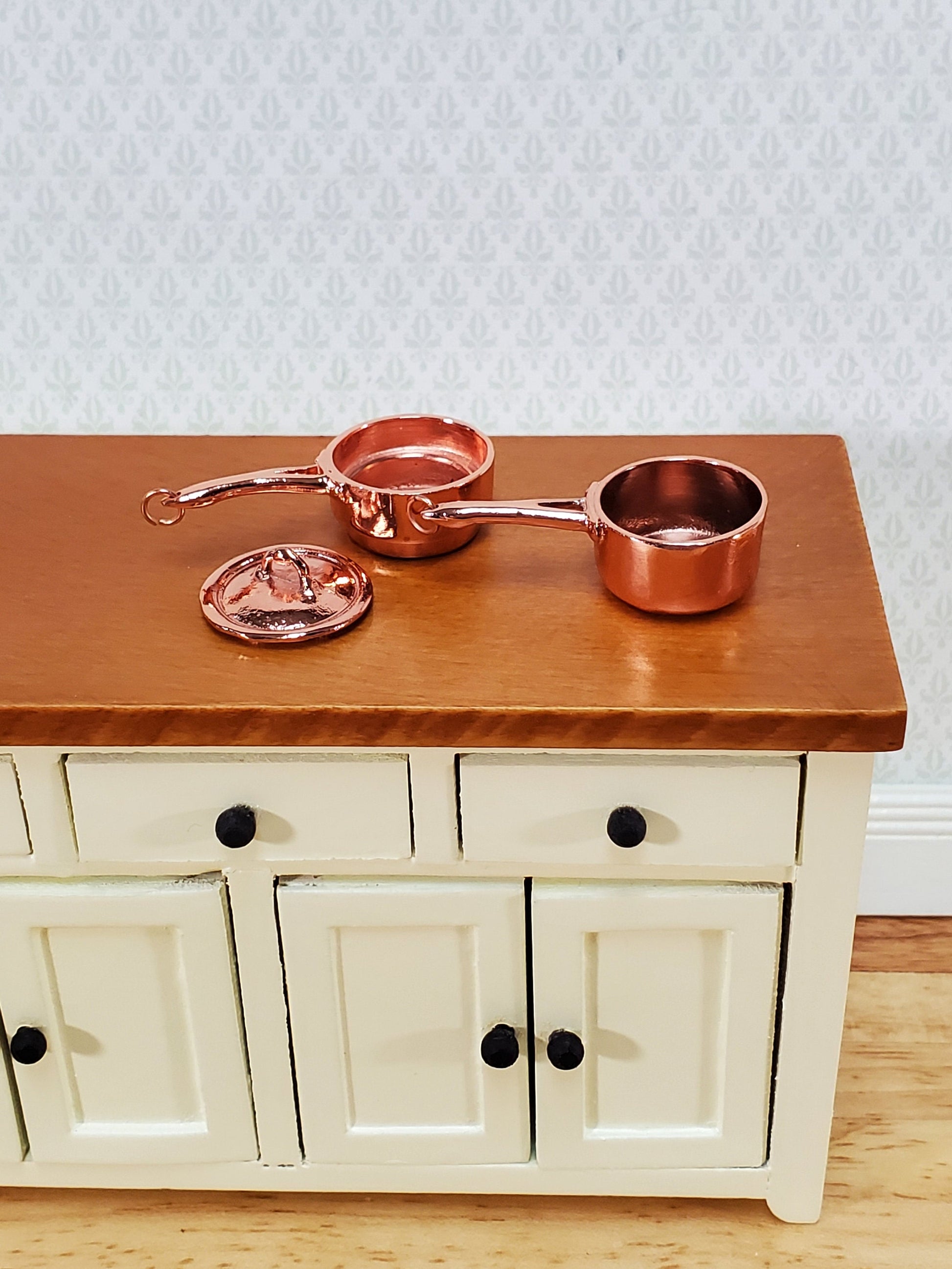 Dollhouse Copper Double Boiler Pots + Lid Cooking Pans 1:12 Scale Miniature Kitchen Falcon Miniatures