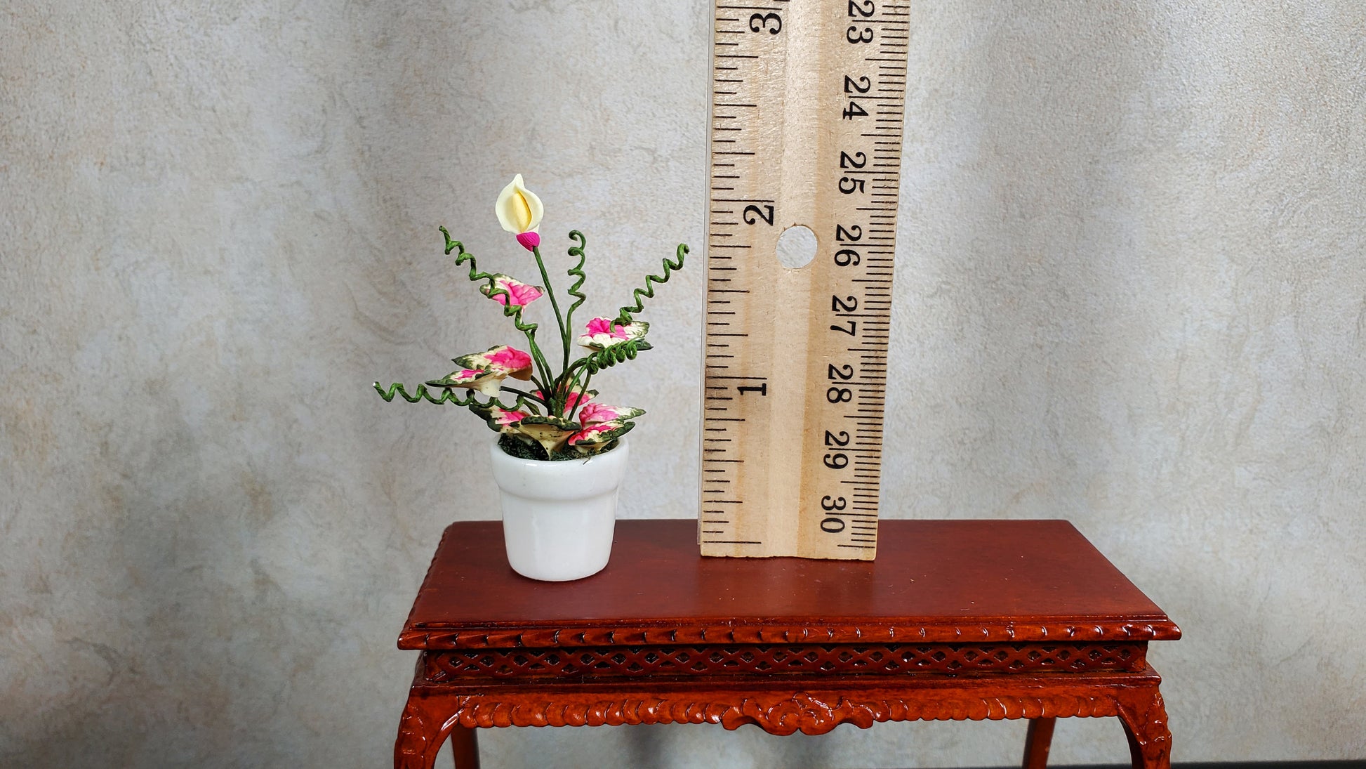 Dollhouse Caladium with Bud Variegated Leaves in White Pot 1:12 Scale Miniature
