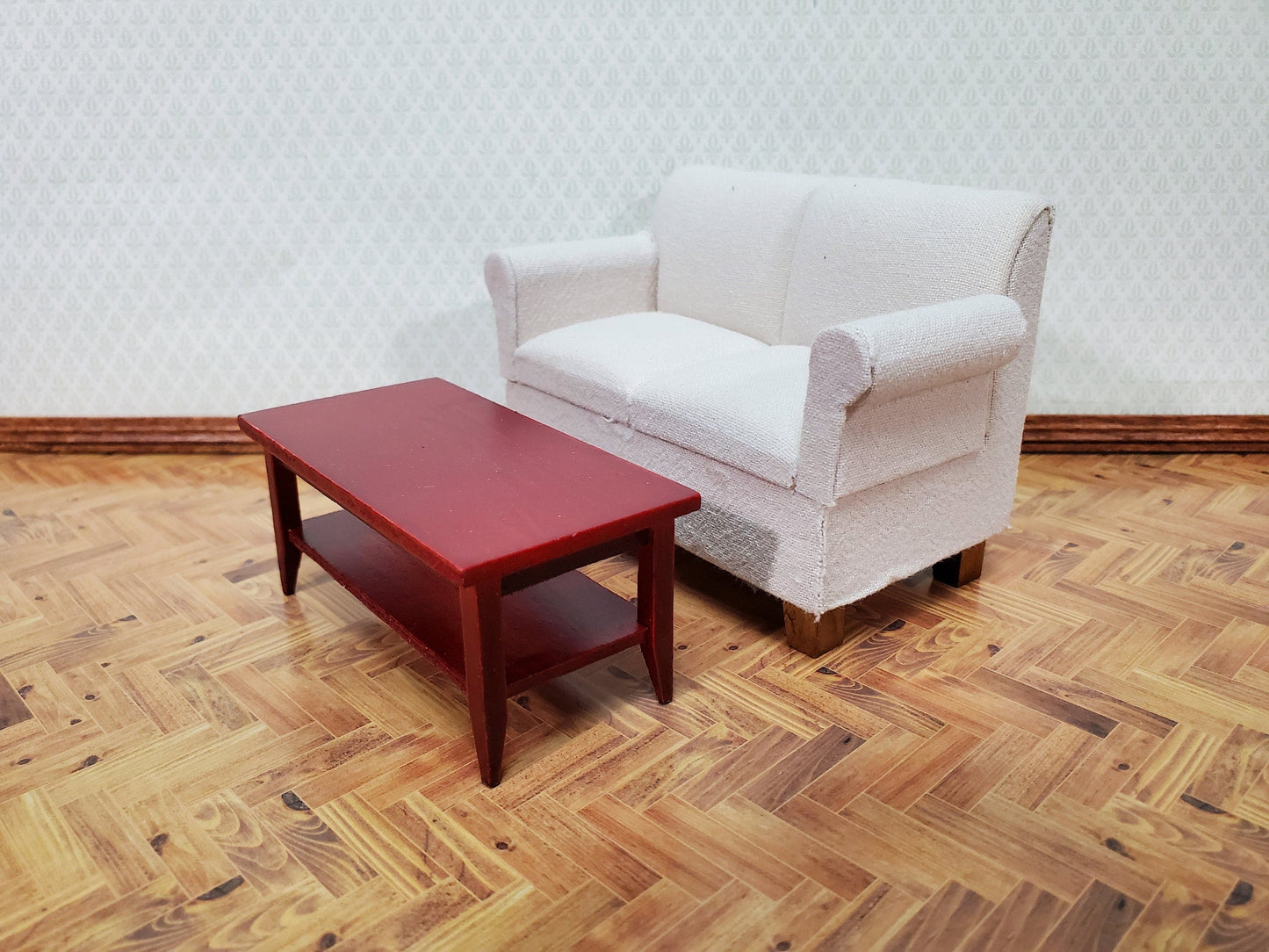 Dollhouse Modern Coffee Table with Shelf Wood Mahogany Finish 1:12 Scale Miniature Furniture