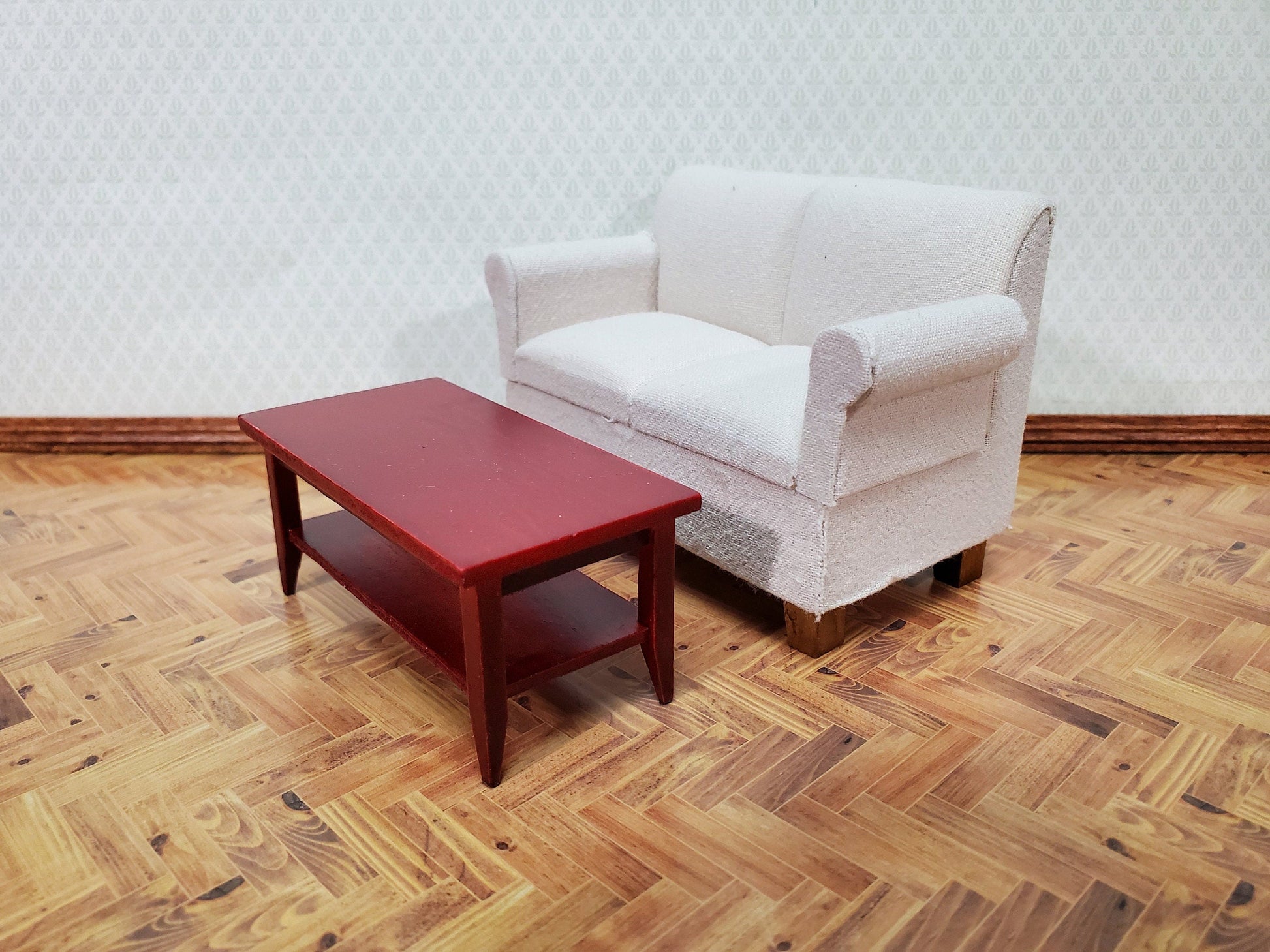 Dollhouse Modern Coffee Table with Shelf Wood Mahogany Finish 1:12 Scale Miniature Furniture