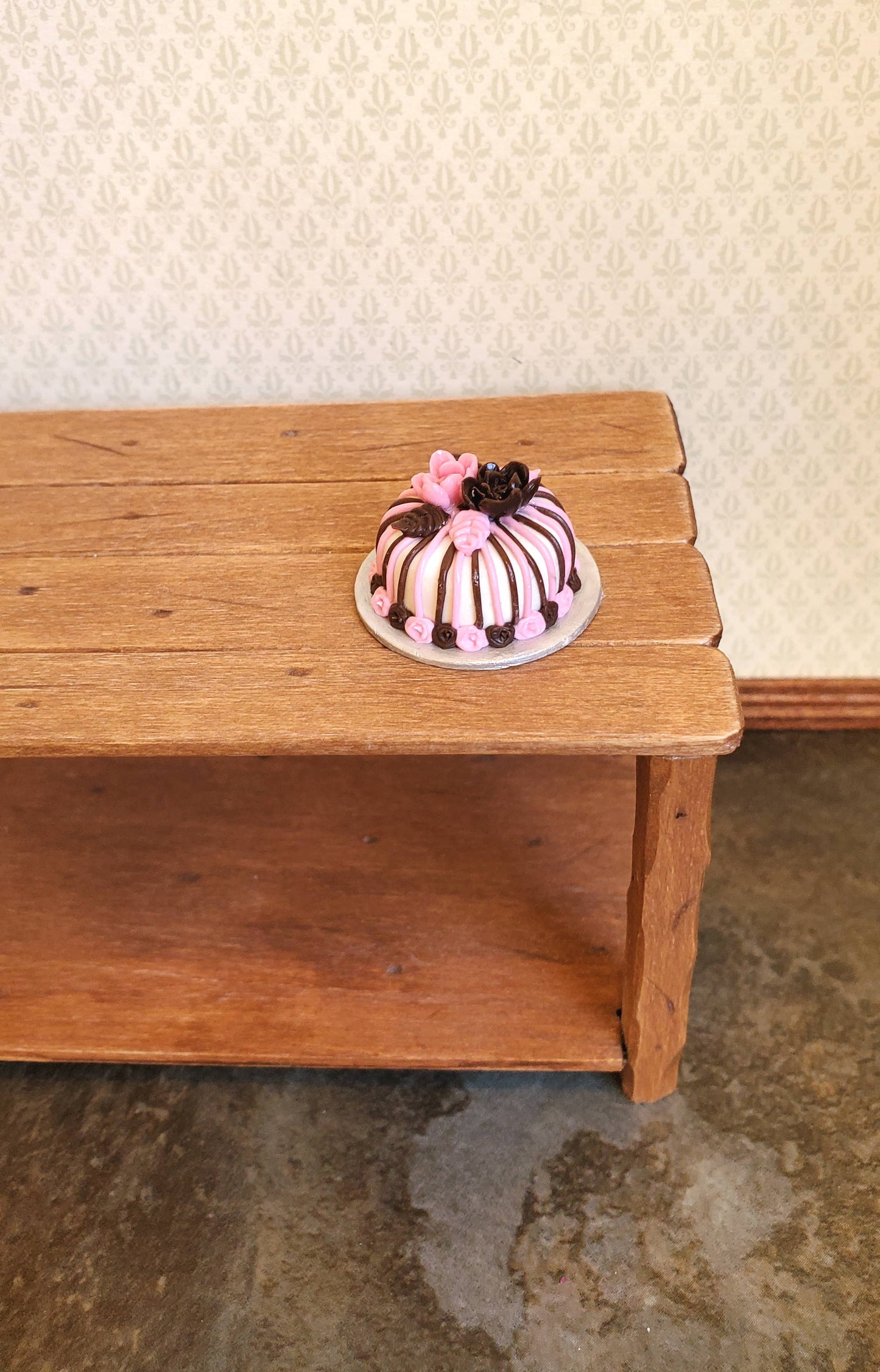 Dollhouse Miniature Round Cake with Flowers 1:12 Scale Pink & Chocolate Striped
