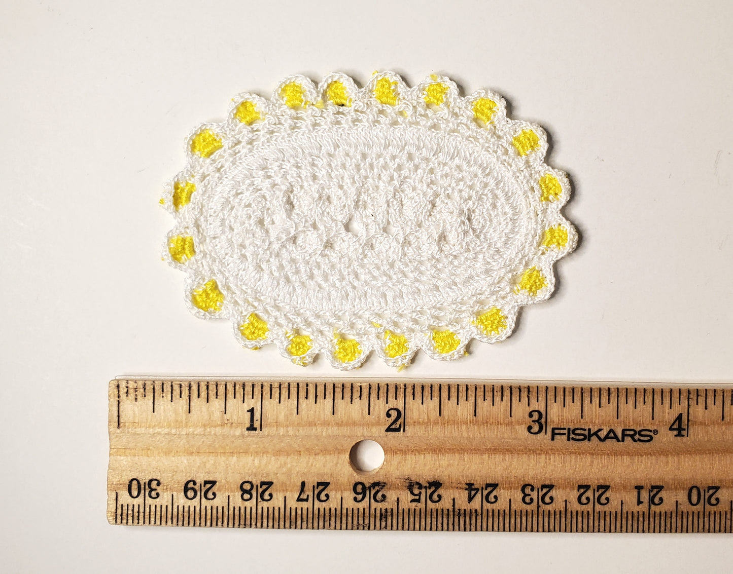 Dollhouse Hand Crocheted Oval Doily Rug White Yellow Trim 1:12 Scale Miniature