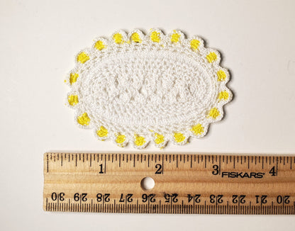 Dollhouse Hand Crocheted Oval Doily Rug White Yellow Trim 1:12 Scale Miniature