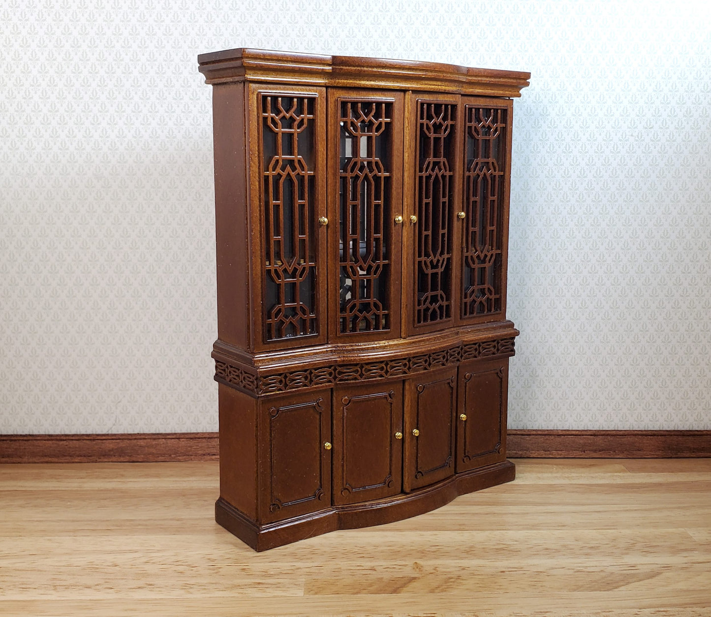 JBM Dollhouse Breakfront China Cabinet Walnut Finish 1:12 Scale Furniture