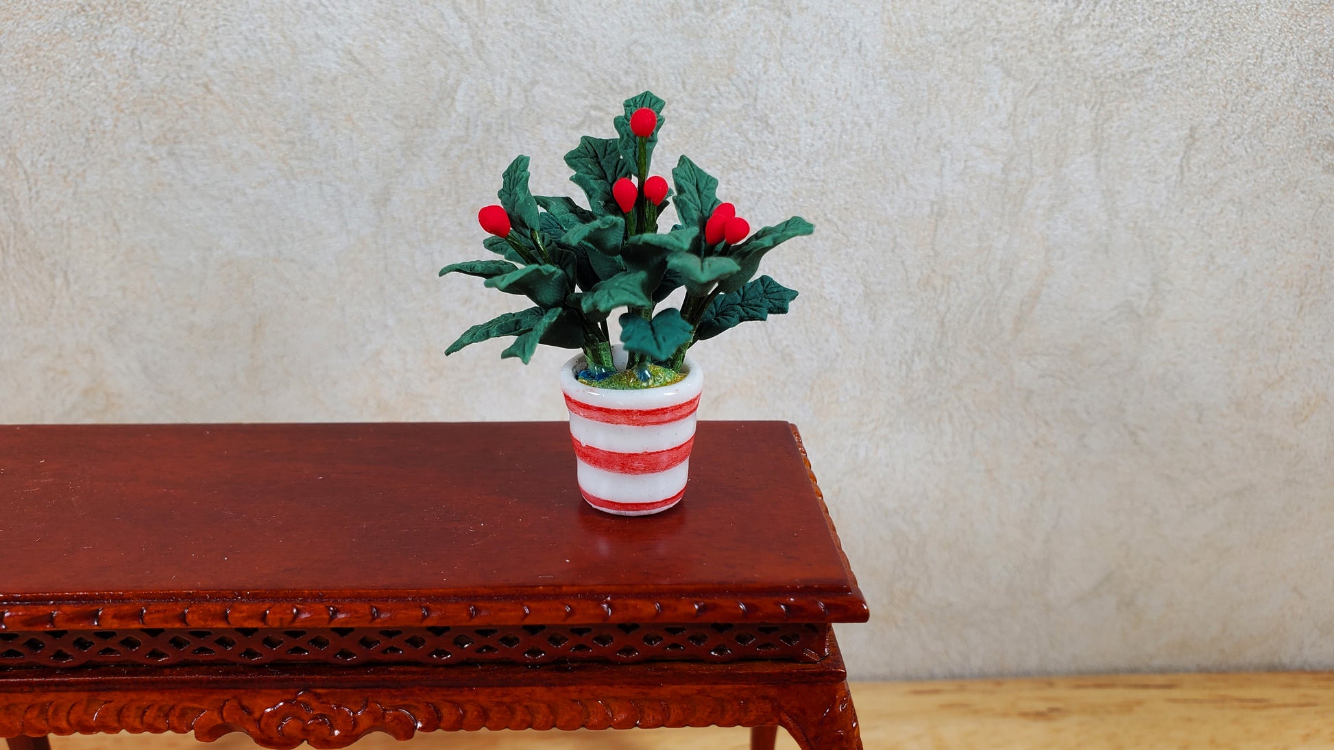 Dollhouse Holly Plant with Berries in a White & Red Pot 1:12 Scale Miniature